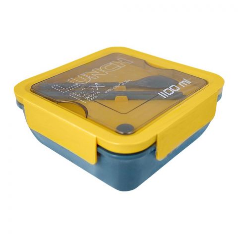 Plastic Lunch Box With 2 Compartments & Cutlery, 1100ml Capacity, Yellow, Yk-0228