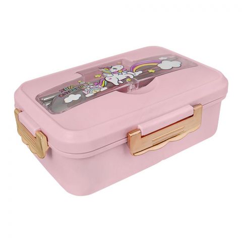 Plastic Lunch Box With 3 Compartments & Cutlery, Pink, K-181