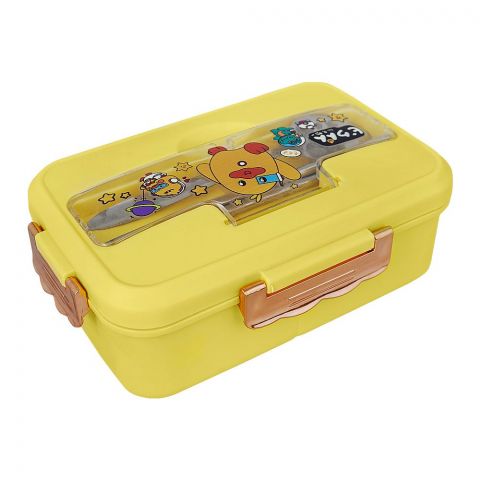 Plastic Lunch Box With 3 Compartments & Cutlery, Yellow, K-181