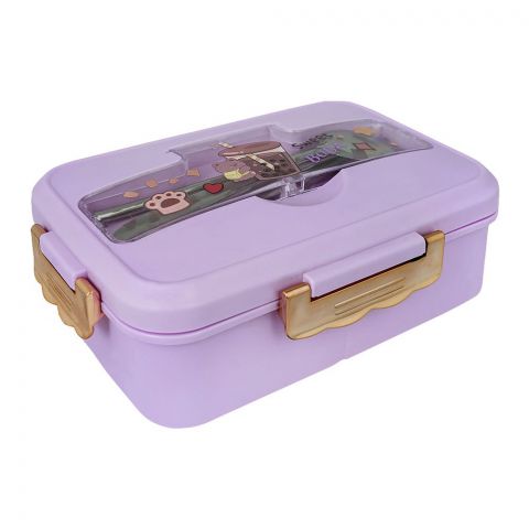 Plastic Lunch Box With 3 Compartments & Cutlery, Purple, K-181