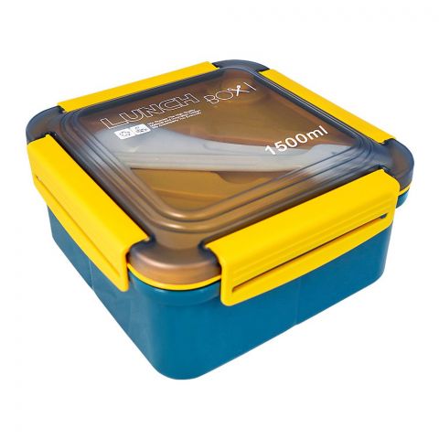 Plastic Lunch Box With 3 Compartments & Cutlery, 1500ml Capacity, Blue & Yellow, 287539