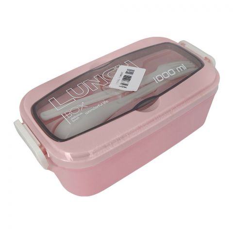 Plastic Lunch Box With 2 Compartments & Cutlery, 1000ml Capacity, Pink, Yc9039