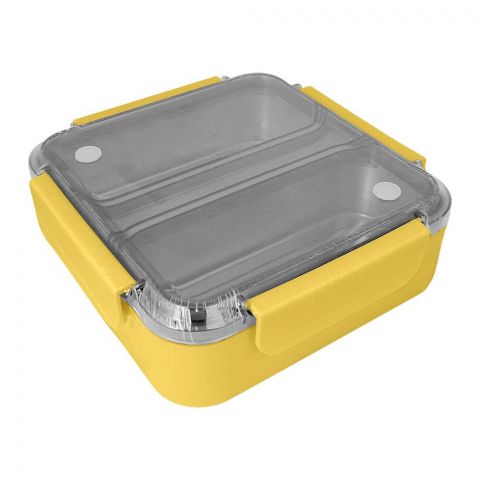 Stainless Steel Lunch Box With 2 Compartments, Spoon & Chop Stick, 1200ml Capacity, Yellow, Kh-0036
