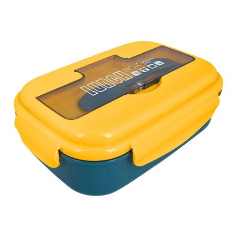 Plastic Lunch Box With 2 Compartments & Cutlery, 1100ml Capacity, Yellow & Blue, Yk-0225