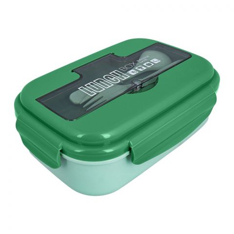 Plastic Lunch Box With 2 Compartments & Cutlery, 1100ml Capacity, Green, Yk-0225