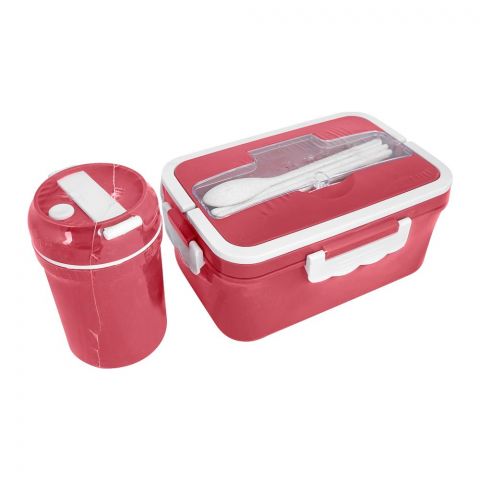 Plastic Lunch Box With 3 Compartments & Cutlery & 330ml Soup Cup, 1500ml Capacity, Red, Zb-6325