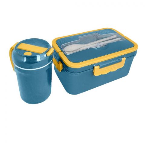 Plastic Lunch Box With 3 Compartments & Cutlery & 330ml Soup Cup, 1500ml Capacity, Blue, Zb-6325
