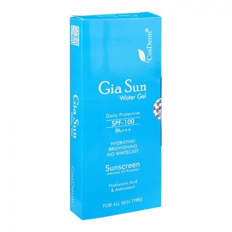 Cosderm Gia Sun Water Gel, SPF-100, PA+++, For All Skin Types, Hyaluronic Acid & Antioxidant, No White Cast