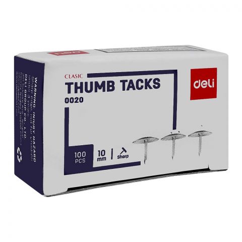 Deli 10mm Sharp Nickel Plated Thumb Tacks Box, 100 Pieces, E0020