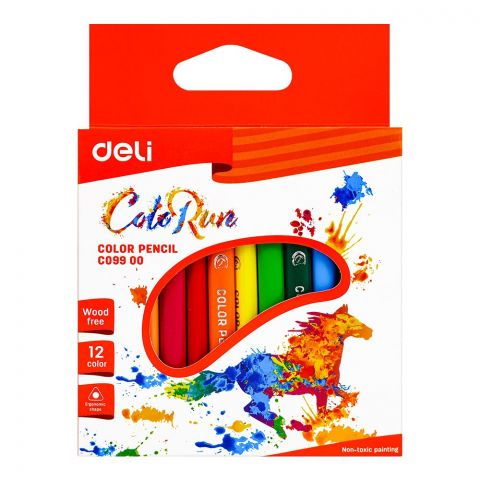 Deli Plastic Color Pencils, Non Toxic Painting, 2.8mm Leads, Wood Free, 12 Assorted Colors, For 3+ Children's, EC09900