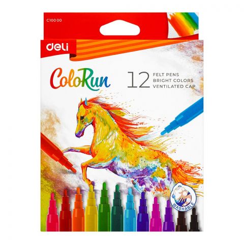 Deli Felt Pens With Ventilated Cap, Washable Ink, 12 Assorted Bright Color Markers, For 3+ Children's, EC10000