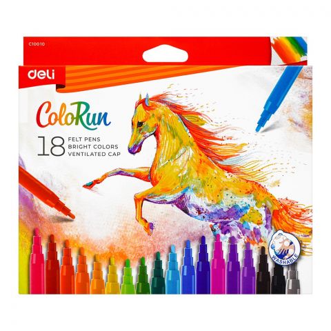 Deli Felt Pens With Ventilated Cap, Washable Ink, 18 Assorted Bright Color Markers, For 3+ Children's, EC10010