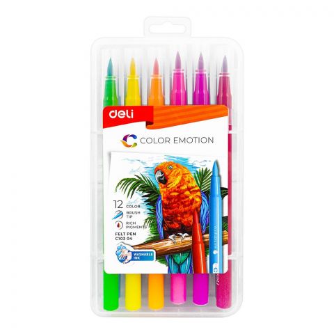 Deli Felt Pens, Rich Pigments, Brush Tip, 12 Assorted Colors, Washable Ink, For 3+ Children's, EC10304