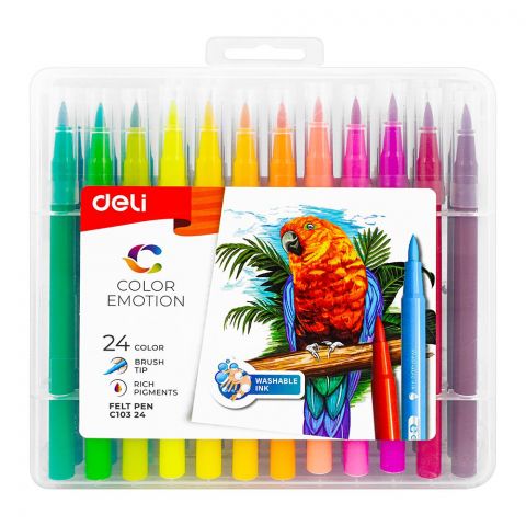 Deli Felt Pens, Rich Pigments, Brush Tip, 24 Assorted Colors, Washable Ink, For 3+ Children's, EC10324