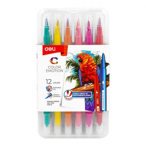 Deli Double Ended Tip Felt Pens, 12 Assorted Colors, Smooth Coloring, Washable Ink, For 3+ Children's, EC15112