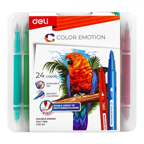 Deli Double Ended Tip Felt Pens, 24 Assorted Colors, Smooth Coloring, Washable Ink, For 3+ Children's, EC15124