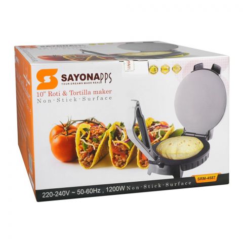 Sayona 10" Inch Roti & Tortilla Maker, 1200W, Non Stick Surface, Stainless Steel Housing, SRM-4587