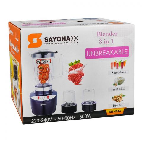 Sayona 3in1 Blender, 500W, 1.5 Liter Jar, 3 Speed, Overheat Protection, Ideal For Smoothies, Wet & Dry Mill, SB-4544