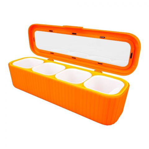 Inaaya Plastic 4 Portions Seasoning Box With Jars & Spoons, Kitchen Spice Master Set, Orange, 100652