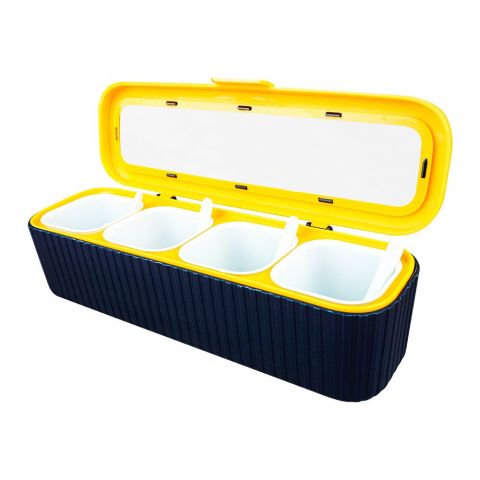 Inaaya Plastic 4 Portions Seasoning Box With Jars & Spoons, Kitchen Spice Master Set, Yellow, 100652