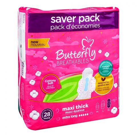 Butterfly Breathable Maxi Thick Extra-Long Pads, Designed For Sensitive Skin, 28 Pads Saver Pack