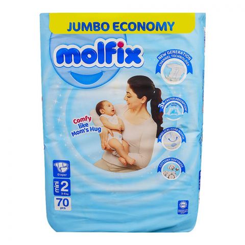 Molfix Diapers Jumbo Economy Pack, Mini No-2, 3-6 kg, 70-Pack