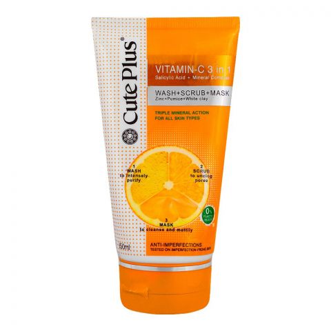 Cute Plus Vitamin-C 3in1 Wash+Scrub+Mask, Salicylic Acid + Mineral Complex, For All Skin Types, 150ml