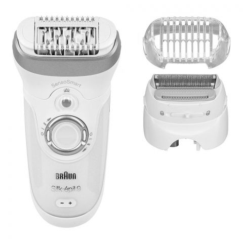 Braun Silk-epil 9 Wet & Dry Epilator With 2 Pouches, Shave, Trim & Epilate, Facial Hair Removal, White & Silver, 9705