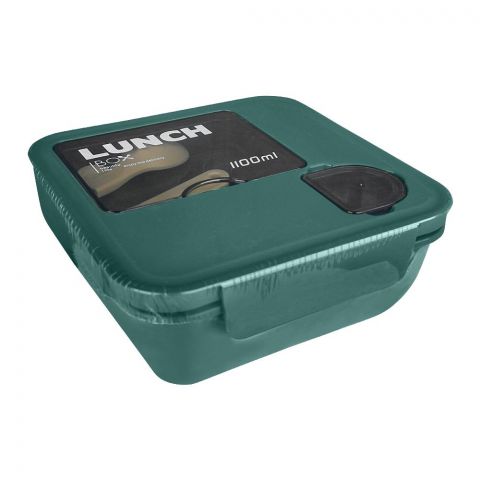 Plastic Lunch Box With Crockery & Cutlery, 1100ml Capacity, Green, 53002