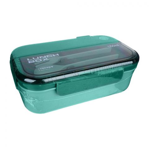 Plastic Lunch Box With Crockery & Cutlery, 1100ml Capacity, Green, 0335