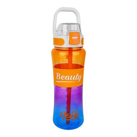 Trendy Hello Beauty Plastic Water Bottle With Straw & Easy to Carry Handle, One Click Open, 19.5cm (H) x 7cm (W), Orange