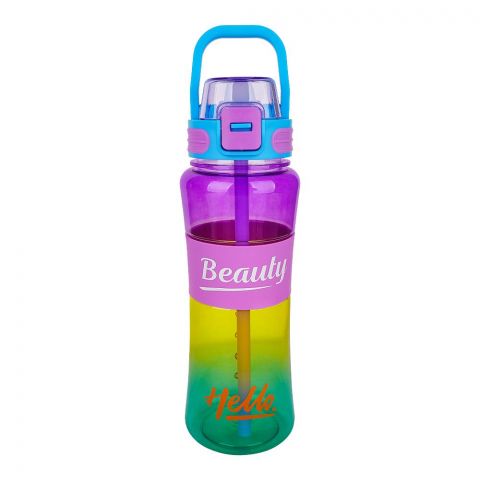 Trendy Hello Beauty Plastic Water Bottle With Straw & Easy to Carry Handle, One Click Open, 19.5cm (H) x 7cm (W), Purple