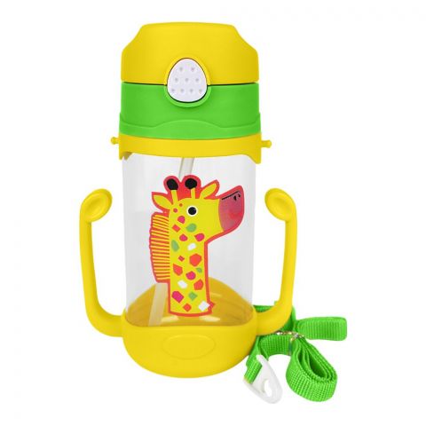 Cute Cartoon Sippy Cup With Handles and Strap, Baby Learning Drinking Bottle, 450ml, 6743, 12.5cm (H) x 7cm (W), Yellow