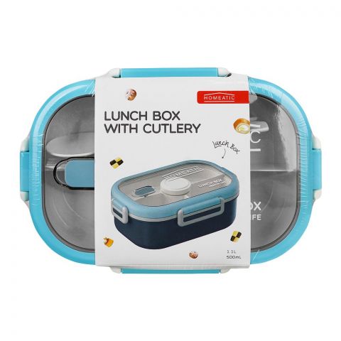 Homeatic Plastic Lunch Box With Cutlery, 1100ml, 17.5cm (H) x 9.5cm (W) x 6cm (D), Blue, HMT-008