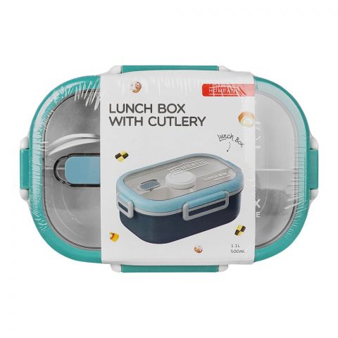 Homeatic Plastic Lunch Box With Cutlery, 1100ml, 17.5cm (H) x 9.5cm (W) x 6cm (D), Green, HMT-008