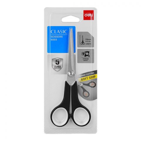 Deli 6.5''Inch Metal Office Scissor, 175mm Length, Soft grip, Sharp Cutting, Black, E6003