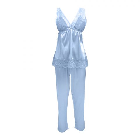 Flourish 3-Piece Satin Silk and Delicate Lace Nightdress Wih Pajama Set & Mid Length Robe, Grey, FLW-6103