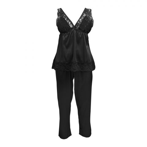 Flourish 3-Piece Satin Silk and Delicate Lace Nightdress Wih Pajama Set & Mid Length Robe, Black, FLW-6103