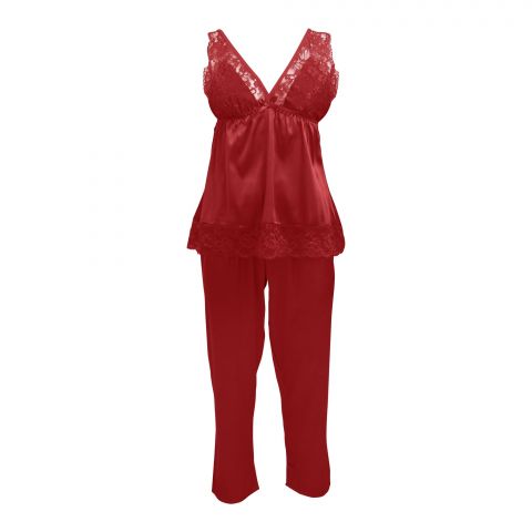 Flourish 3-Piece Satin Silk and Delicate Lace Nightdress Wih Pajama Set & Mid Length Robe, Maroon, FLW-6103