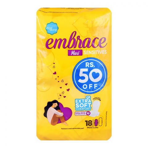 Embrace Maxi Sensitive Comfortable and Extra Soft Long & Widest Pads, Dermatologist-Tested, 18-Pack, Rs.50/- Off