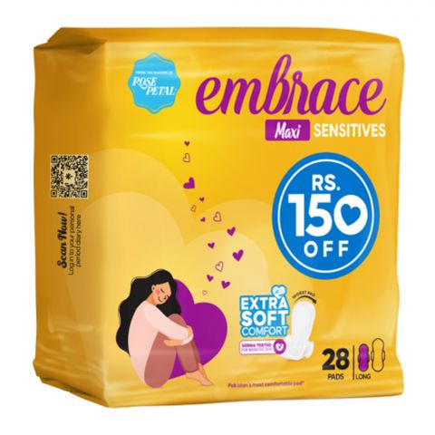 Embrace Maxi Sensitive Comfortable and Extra Soft Long & Widest Pads, Dermatologist-Tested, 28-Pack, Rs.150/- Off