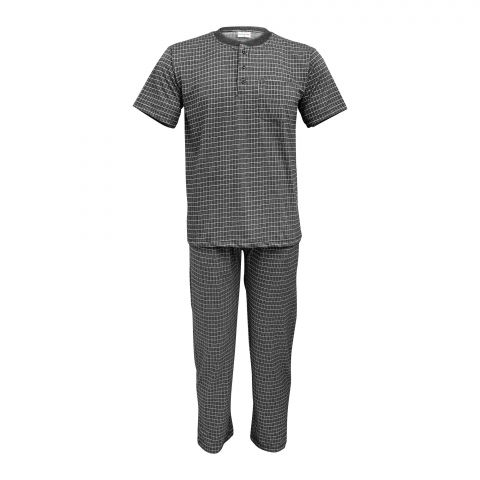 Basix Men's Checkered Power Stretch Henley Knitted Loungewear, 2-Piece Set, Charcoal, LW-822