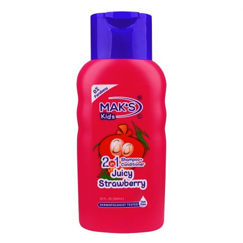 Mak's Kids Juicy Strawberry 2in1 Shampoo & Conditioner, 0% Parabens, Dermatologist-Tested, Tear Free, 300ml