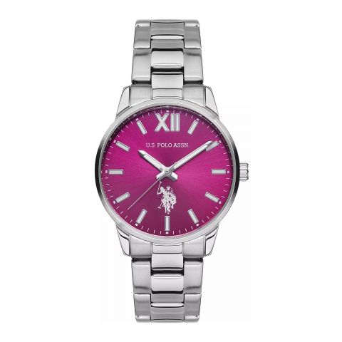 U.S. Polo Assn. Women's Metallic Chain Round Dial Analog Wrist Watch, Pink, USPA2057-07