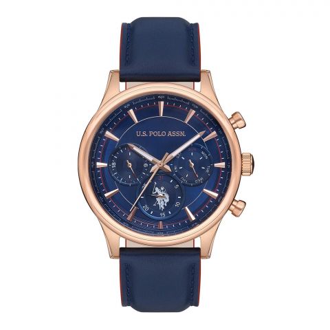 U.S. Polo Assn. Men's Leather Strap Round Dial Chronograph Wrist Watch, Blue, USPA1010-06