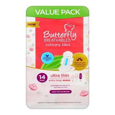 Butterfly Breathable Cottony Bliss Ultra Thin Extra Long Pads Value Pack, 14-Pack