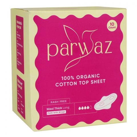 Parwaz 100% Organic Cotton Top Sheet Maxi Thick Long Pads With Wings, Rash Free, 10-Pack