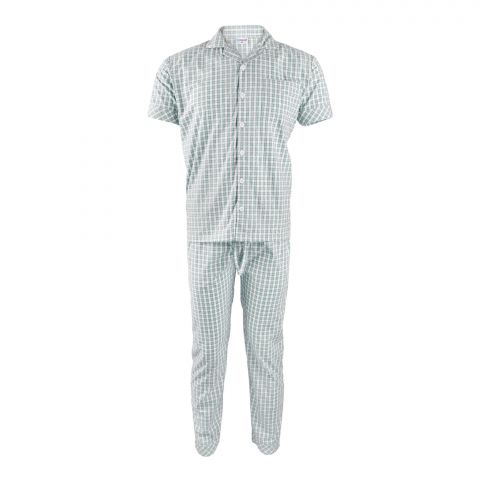 Basix Men's Cotton Checked 2-Piece Loungewear Set, Sea Green & White, LW-823