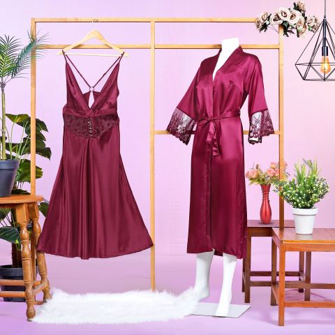 Moon Girl 2-Piece Nightgown, Long Nighty and Ankle Length Robe, Maroon, 254