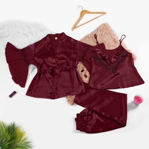 Moon Girl 3-Piece Nightgown, Knee-Length Robe, Camisole and Pajama, Maroon, 605